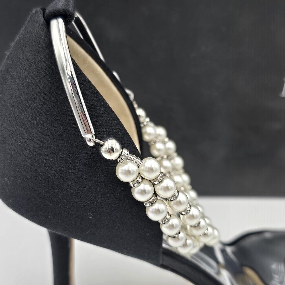NIB Badgley Mischka Loretta Dual Pearl Strap Stiletto Heel Sandals, Black Satin - Picture 3 of 16